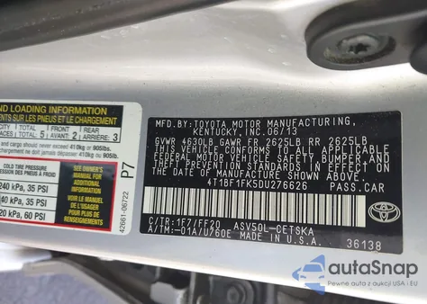 2013 Toyota Camry Se z USA, uszkodzony, nr VIN 4T1BF1FK5DU276626